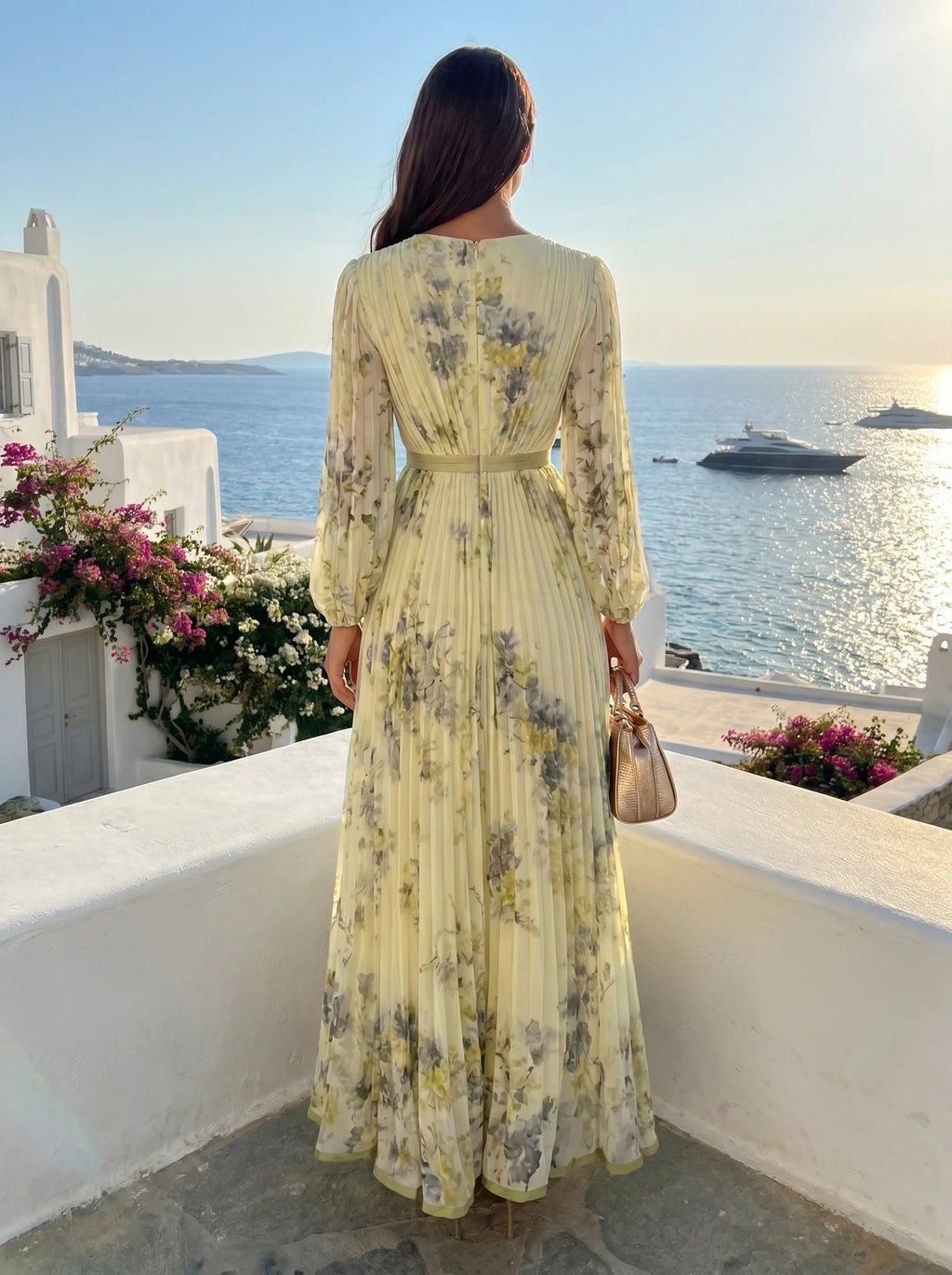 Elegant flowing maxi dress in pink, front view