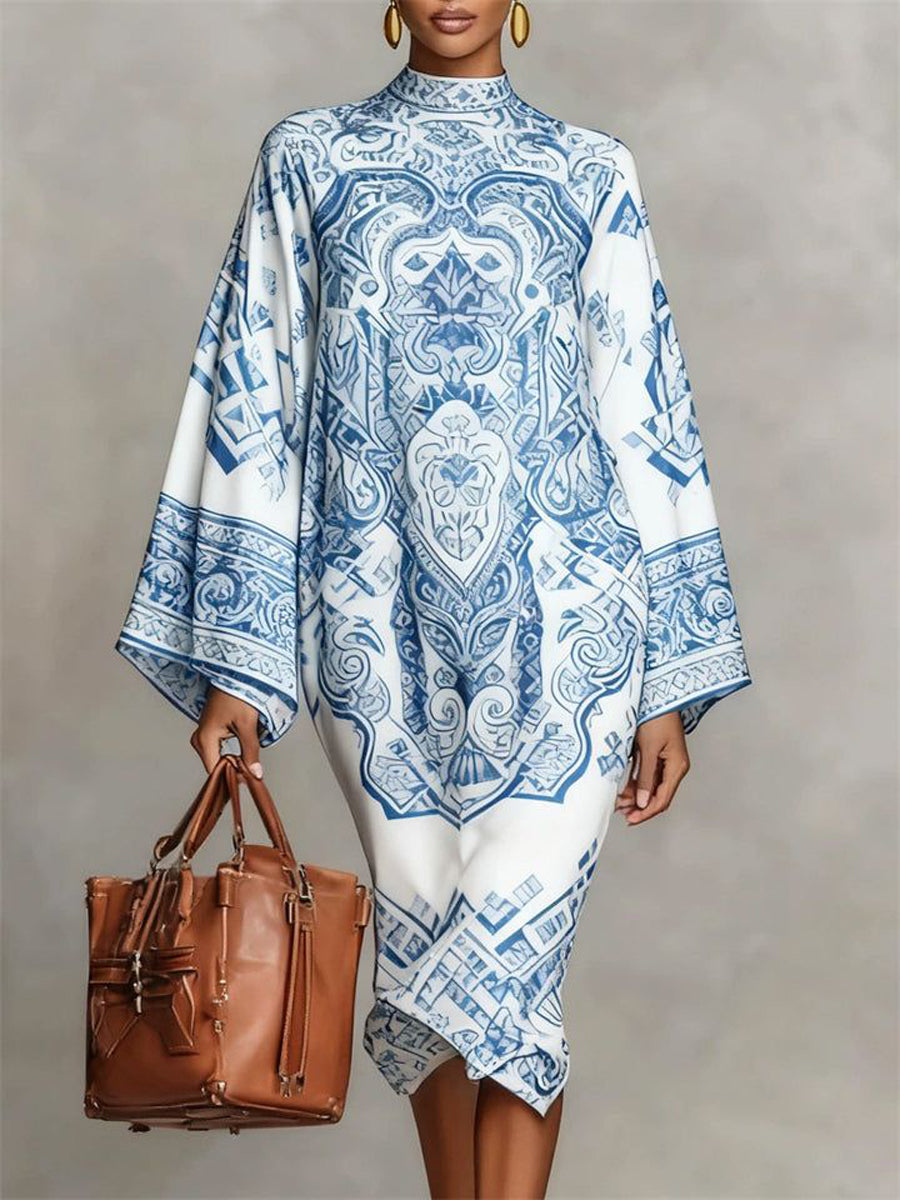 Contrast Print Mock Neck Midi Dress with Long Sleeves and Loose Fit