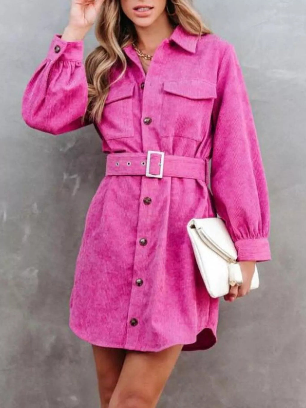 Rose Red Corduroy Shirt Shirt Dress