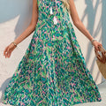 Sleeveless boho fringe tie-up printed midi dress | Alba Muse