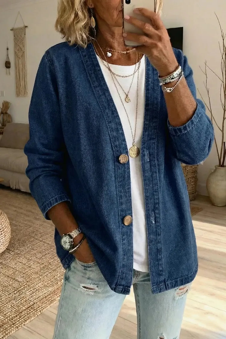 Casual denim cardigan in blue, relaxed open-front style | Alba Muse