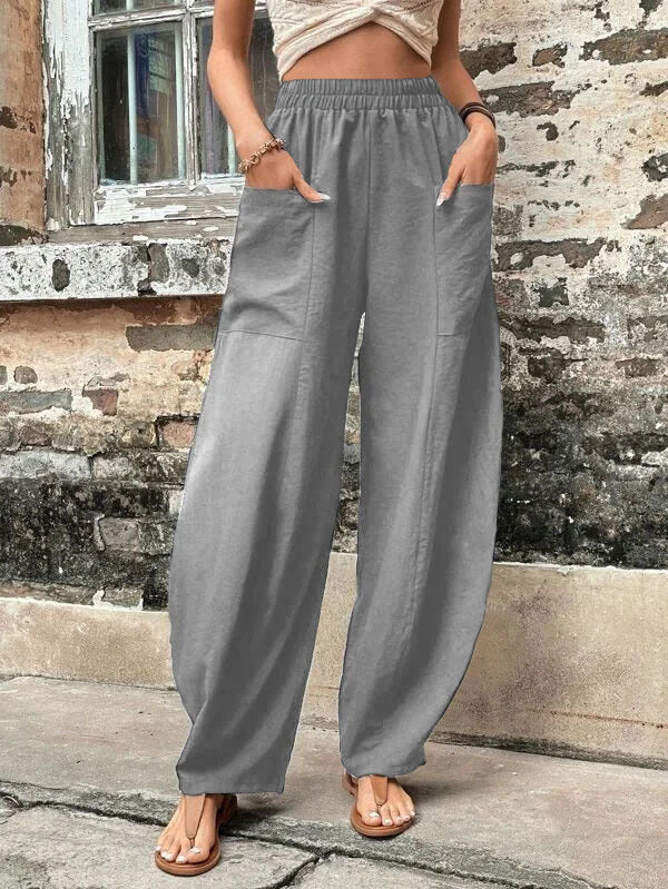 Loose Fit Elastic-Waist Trousers with Pockets