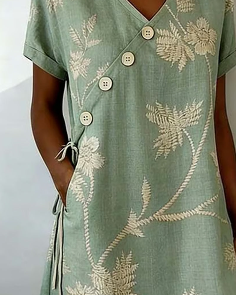Print V-neck short sleeve midi dress in green, styled view
