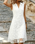 Shirt collar sleeveless floral lace mini dress, front view