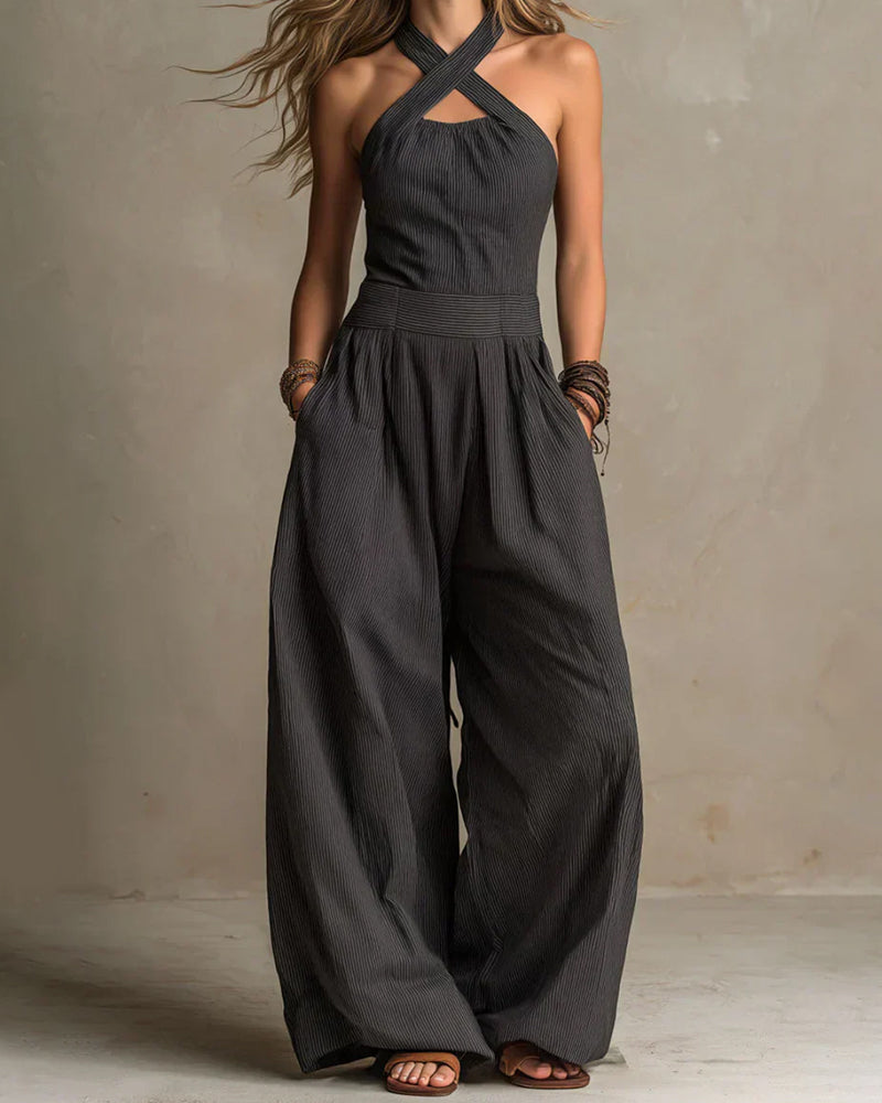 Striped halter cross strap wide leg jumpsuit, front view