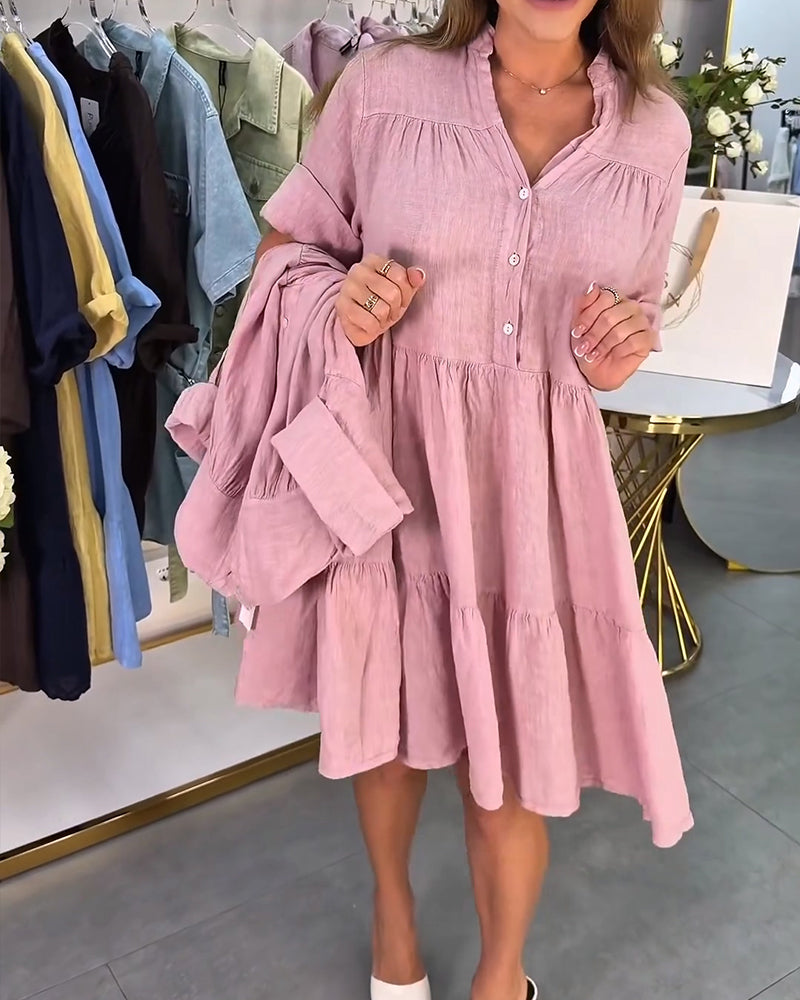 Pink Mandarin Collar Elegant Midi Dress
