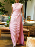 High-waist pleated mock neck maxi dress in pink, full length view