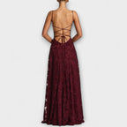 Women's white lace wedding guest maxi dress with spaghetti straps, three-quarter view
