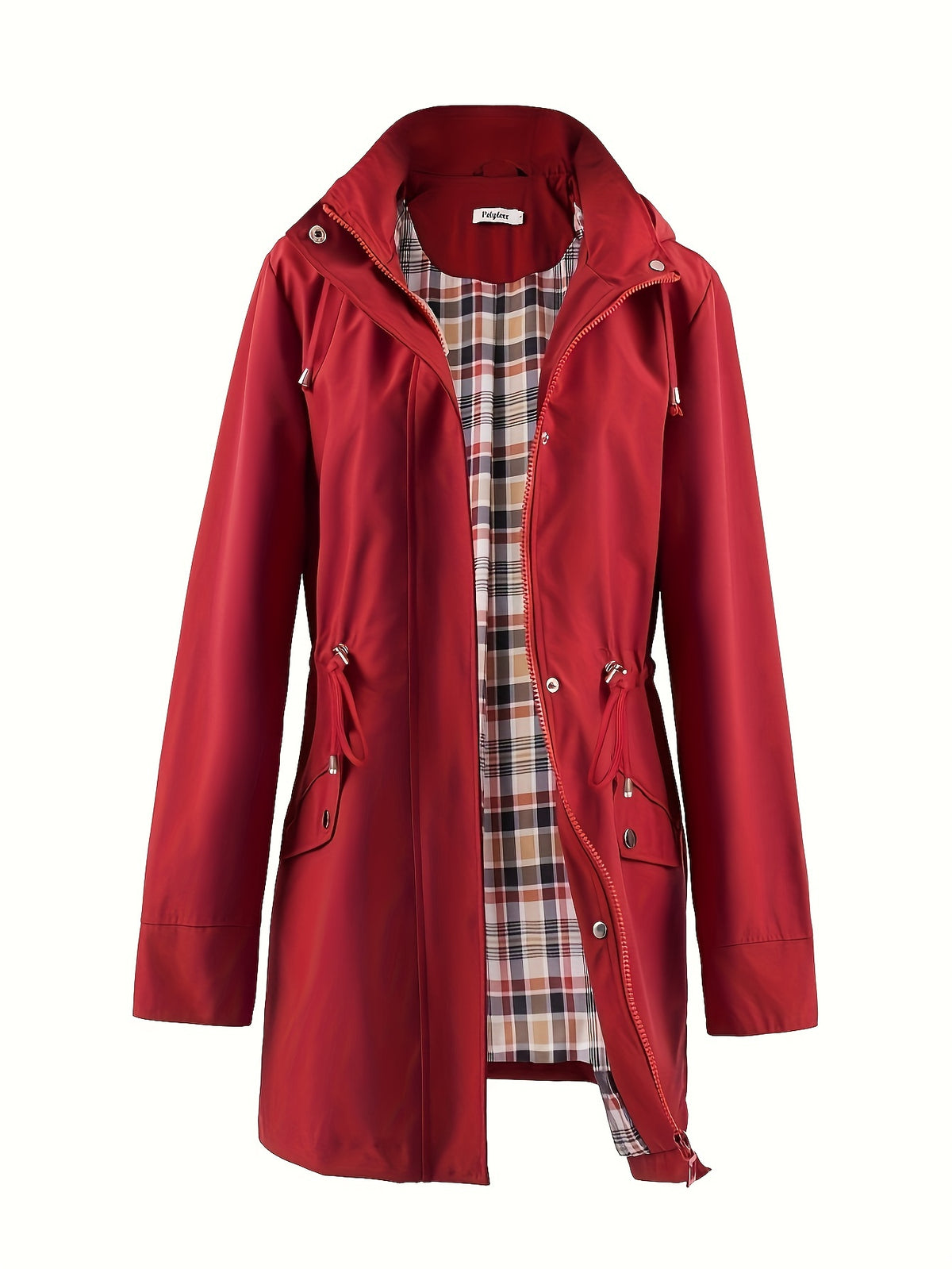 Hooded drawstring waist zip up coat with a zip up placket front