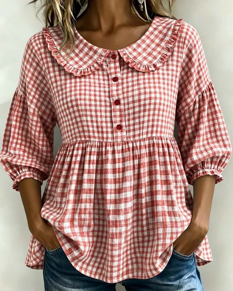 Plaid blouse with lantern sleeves, full length view