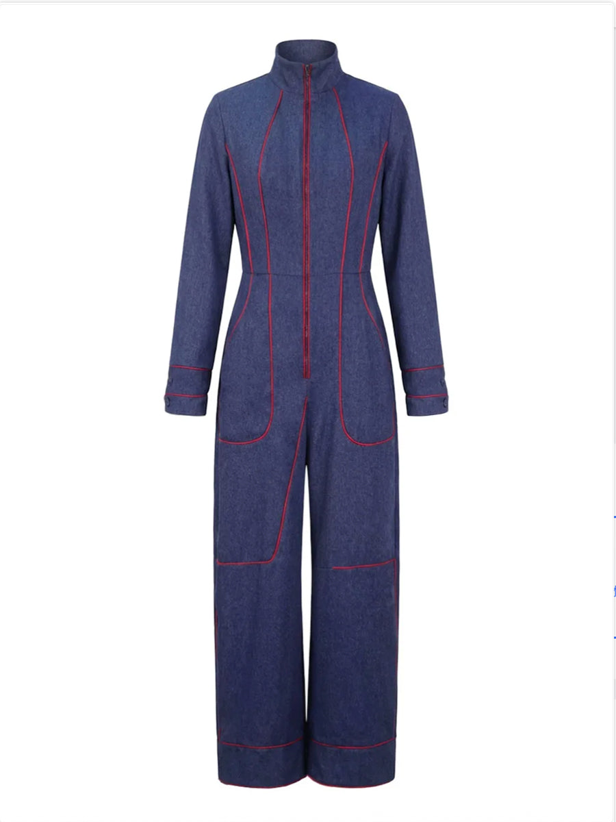 Denim Long Sleeve Jumpsuit with Stand Collar and Wide Leg