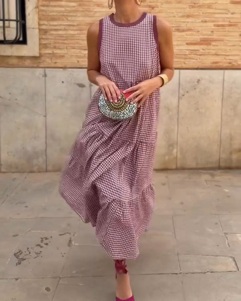 Burgundy Plaid Round Neck Sleeveless Midi Dress