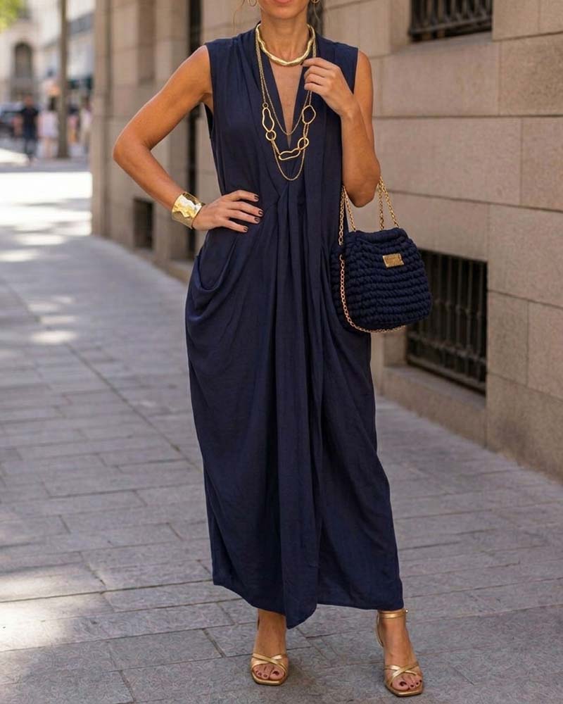 V-neck sleeveless maxi dress with pockets, side view