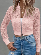 Cropped lace embroidered bomber jacket in pink, front view