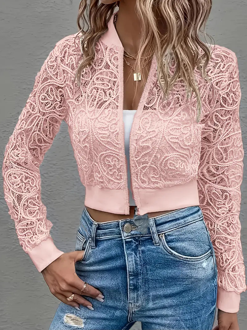 Cropped lace embroidered bomber jacket in pink, front view