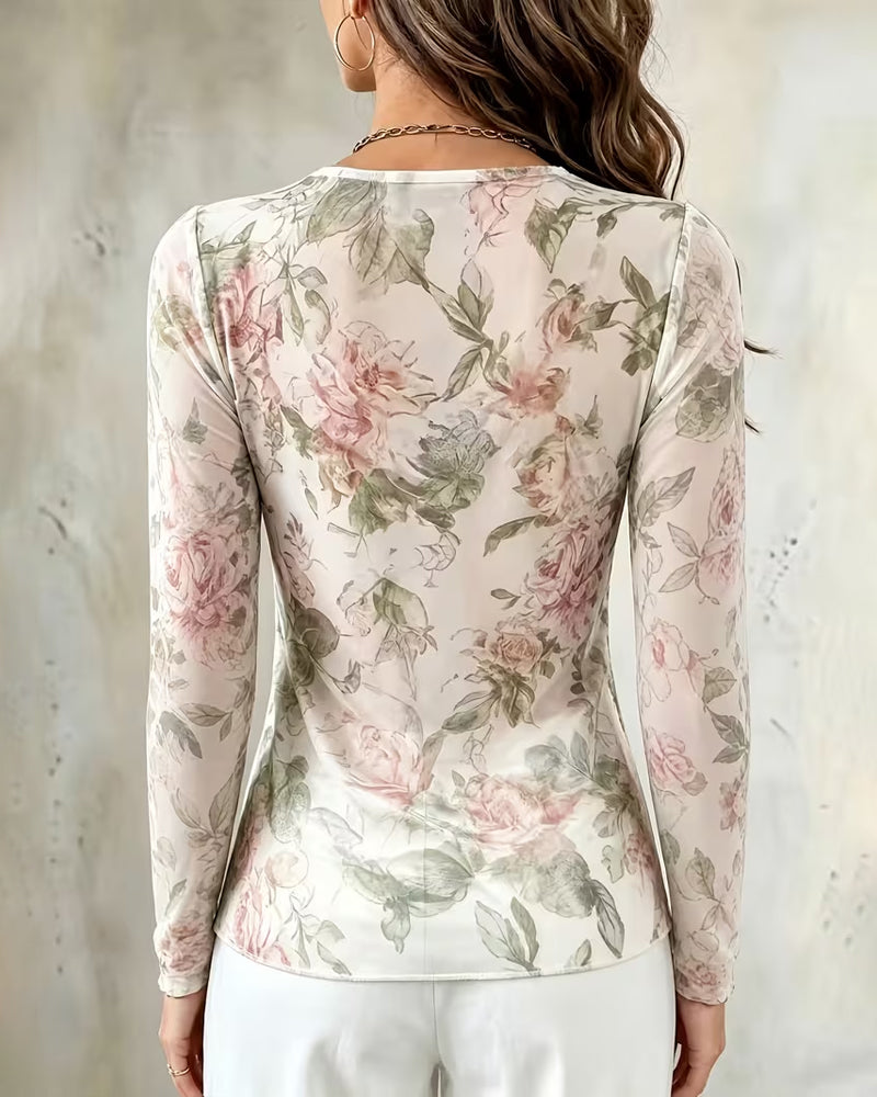 Women's White Gathered-Neck Floral Print Pleated Blouse — worn on model