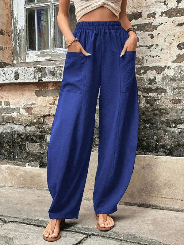Loose Fit Elastic-Waist Trousers with Pockets