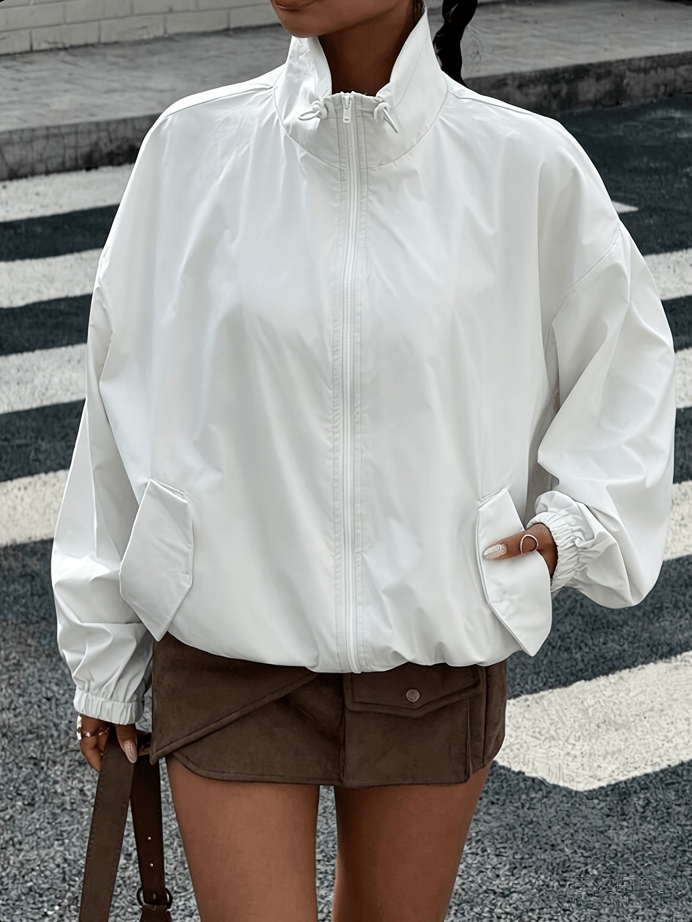 White drawstring windbreaker jacket