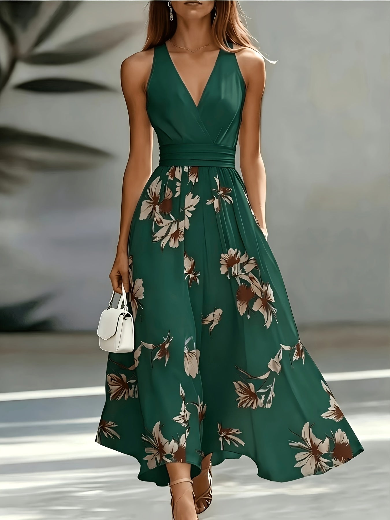 Shirred Geometric Print V-Neck Midi Dress
