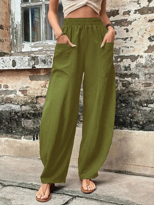 Loose Fit Elastic-Waist Trousers with Pockets