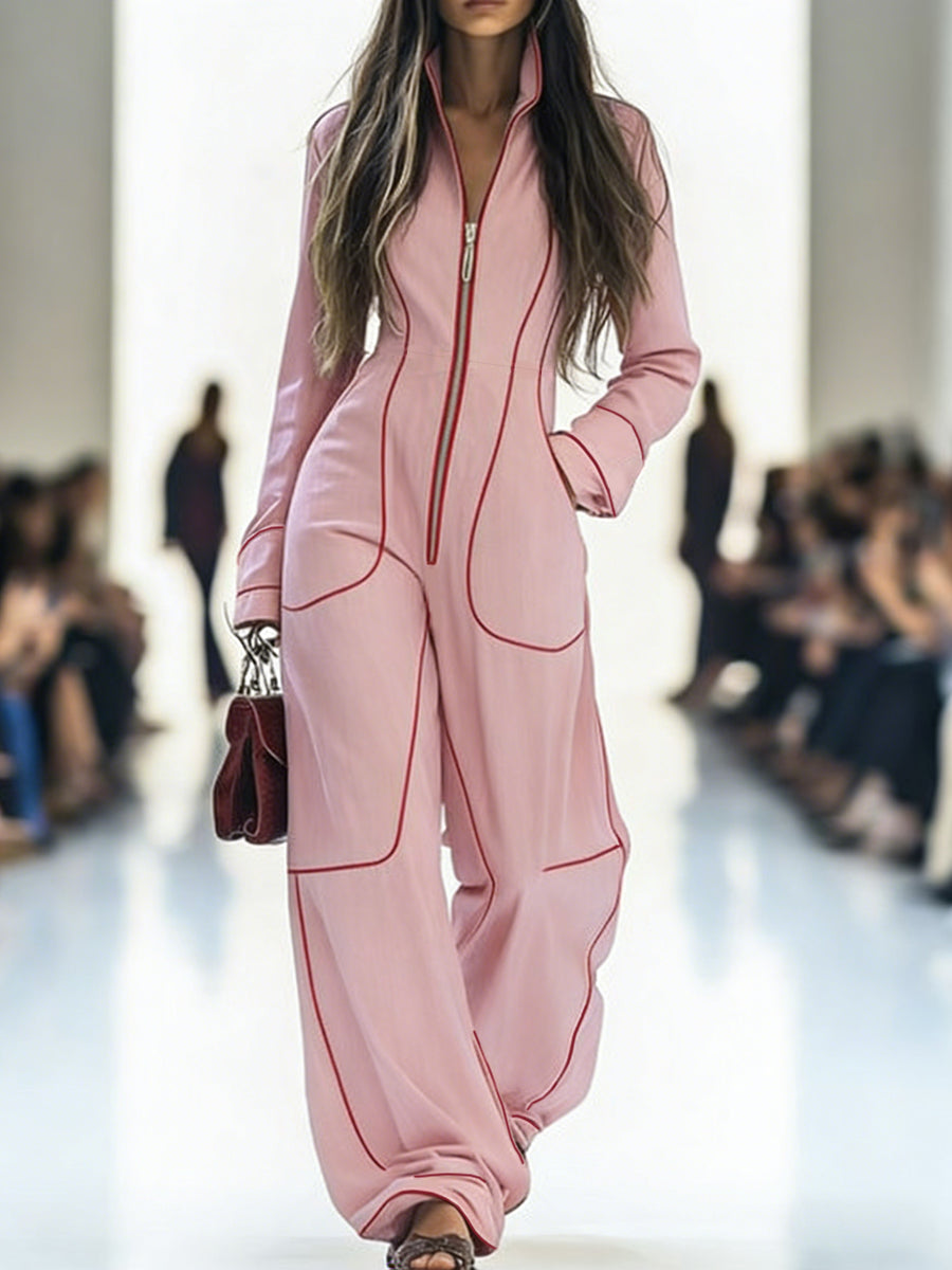 Denim Long Sleeve Jumpsuit with Stand Collar and Wide Leg