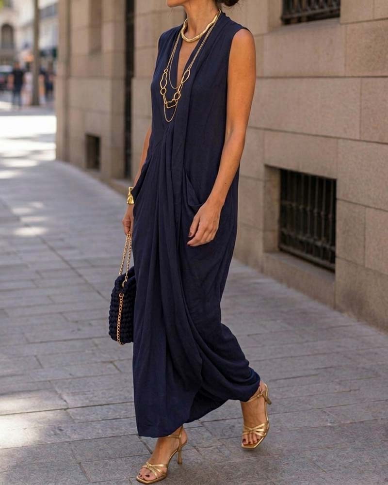 Shirred pocket maxi dress in navy blue, styled view