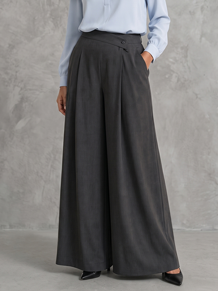 Dark grey pleated wide-leg trousers, front view