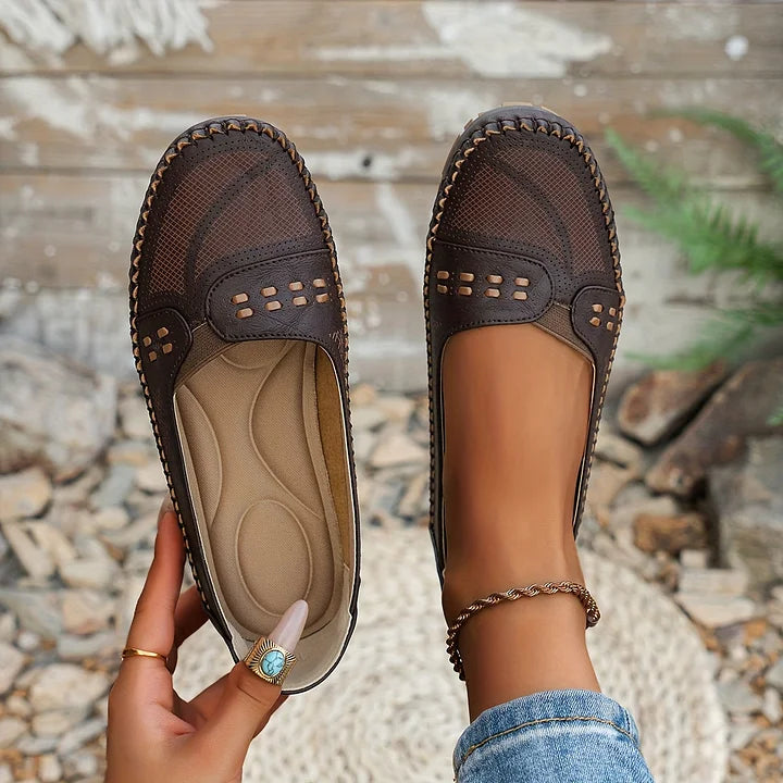 Women's rounded toe slip-on loafers in beige, top view