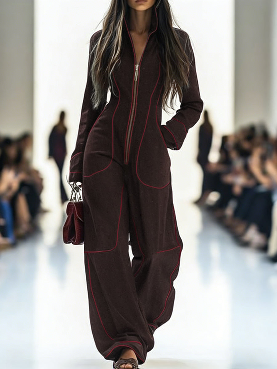 Denim Long Sleeve Jumpsuit with Stand Collar and Wide Leg