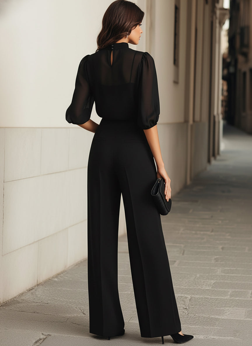 High-Neck Puff Sleeve Jumpsuit with Wide Leg