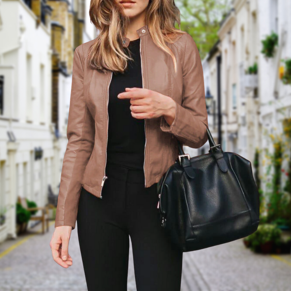 Beige zip-front biker Jacket
