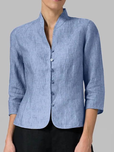 Blue mandarin collar 3/4 sleeve blouse, front view