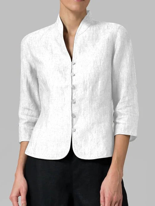 White mandarin collar 3/4 sleeve blouse, front view