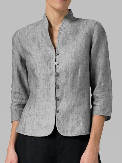 Gray mandarin collar 3/4 sleeve blouse, front view