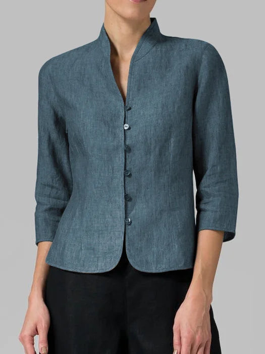 Dark blue mandarin collar 3/4 sleeve blouse, front view