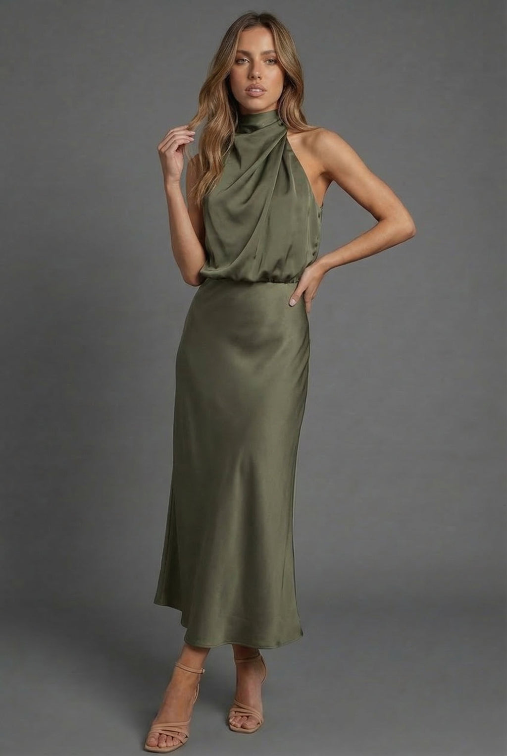 Women's satin-style occasion midi dress – full length side view