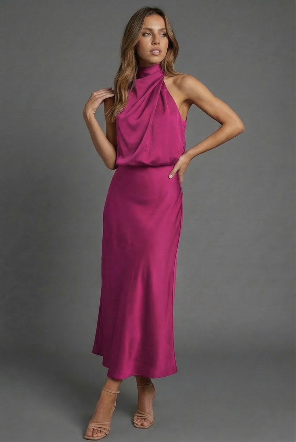 Halterneck wedding guest midi dress – draped neckline close-up
