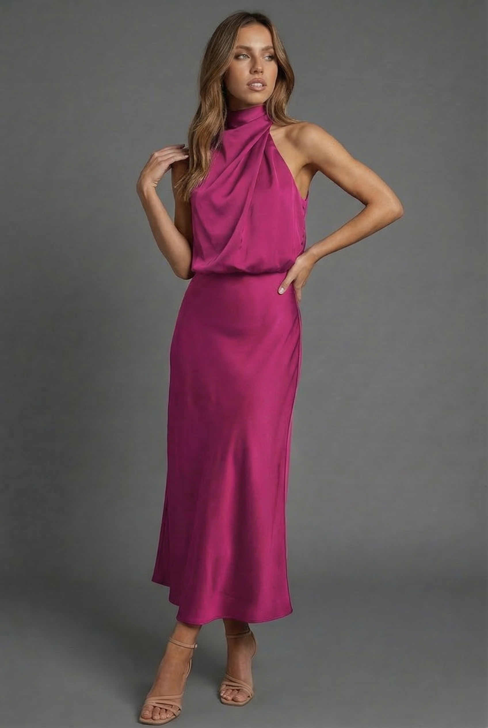 Halterneck wedding guest midi dress – draped neckline close-up