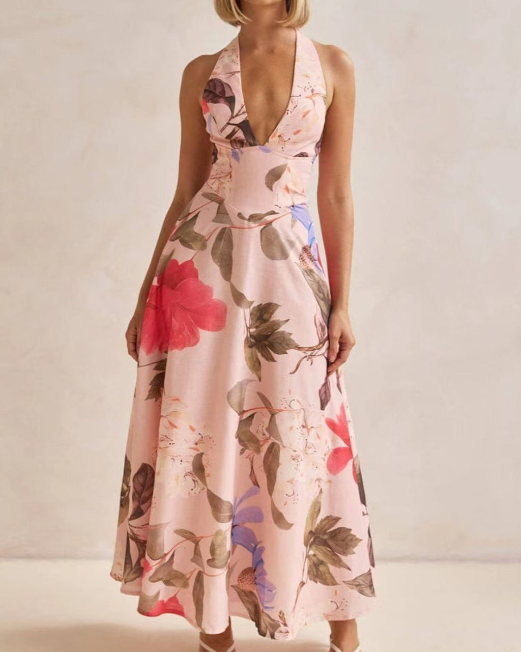 Floral backless halter maxi dress on model | Alba Muse