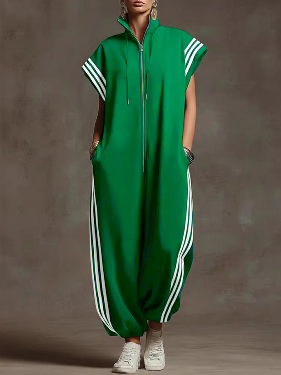Plus Size Striped Sleeveless Jumpsuit with Stand Collar