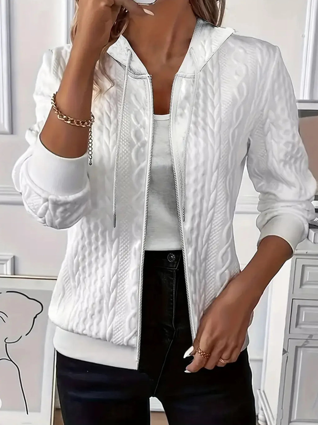 White Jacquard Hooded Jacket, front view