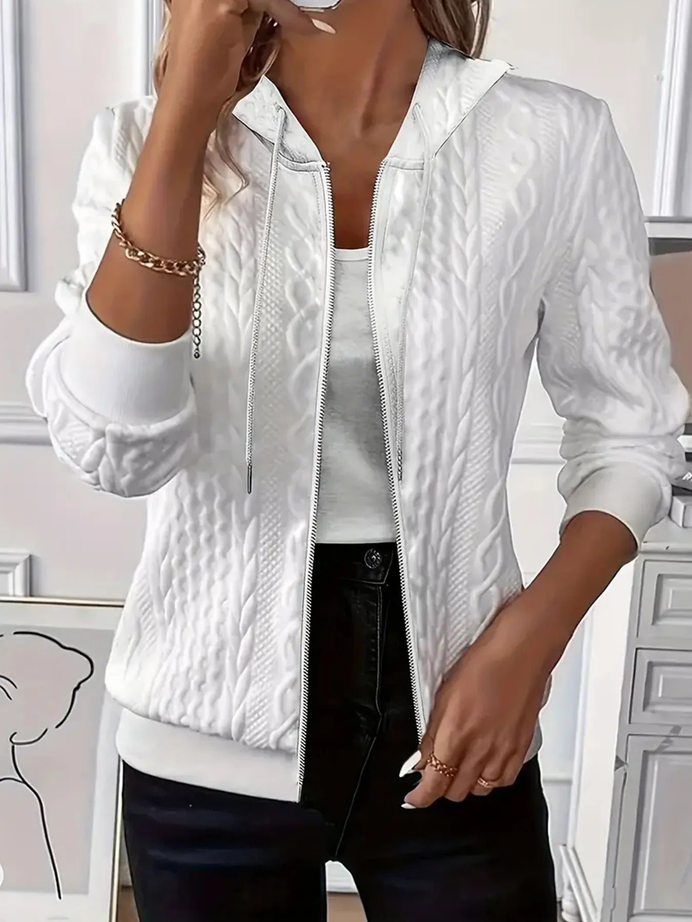 White Jacquard Hooded Jacket, front view