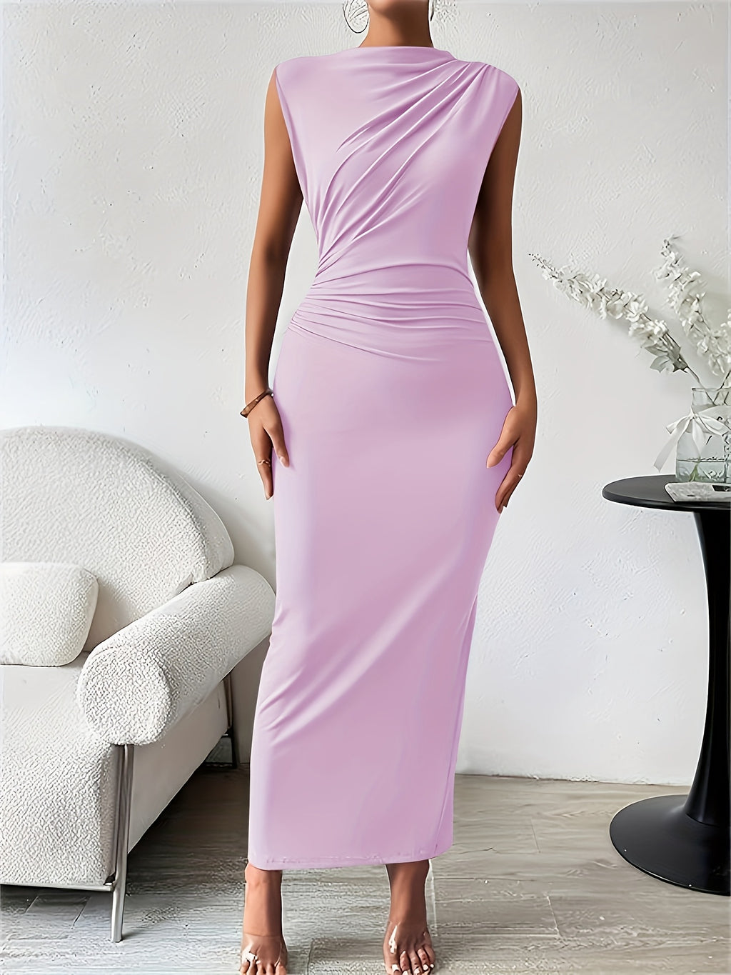 Sleeveless Ruched Bust Pencil Midi Dress