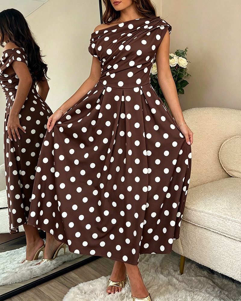 Polka Dot Ruched A-Line Maxi Dress