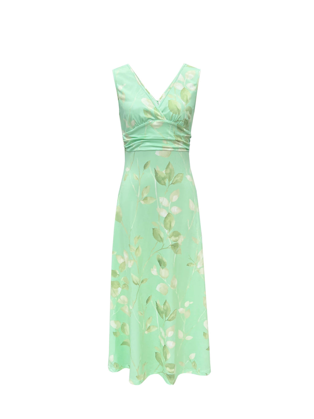 Short Sleeve Printed Floral Summer Midi Dress in Matcha, styled view