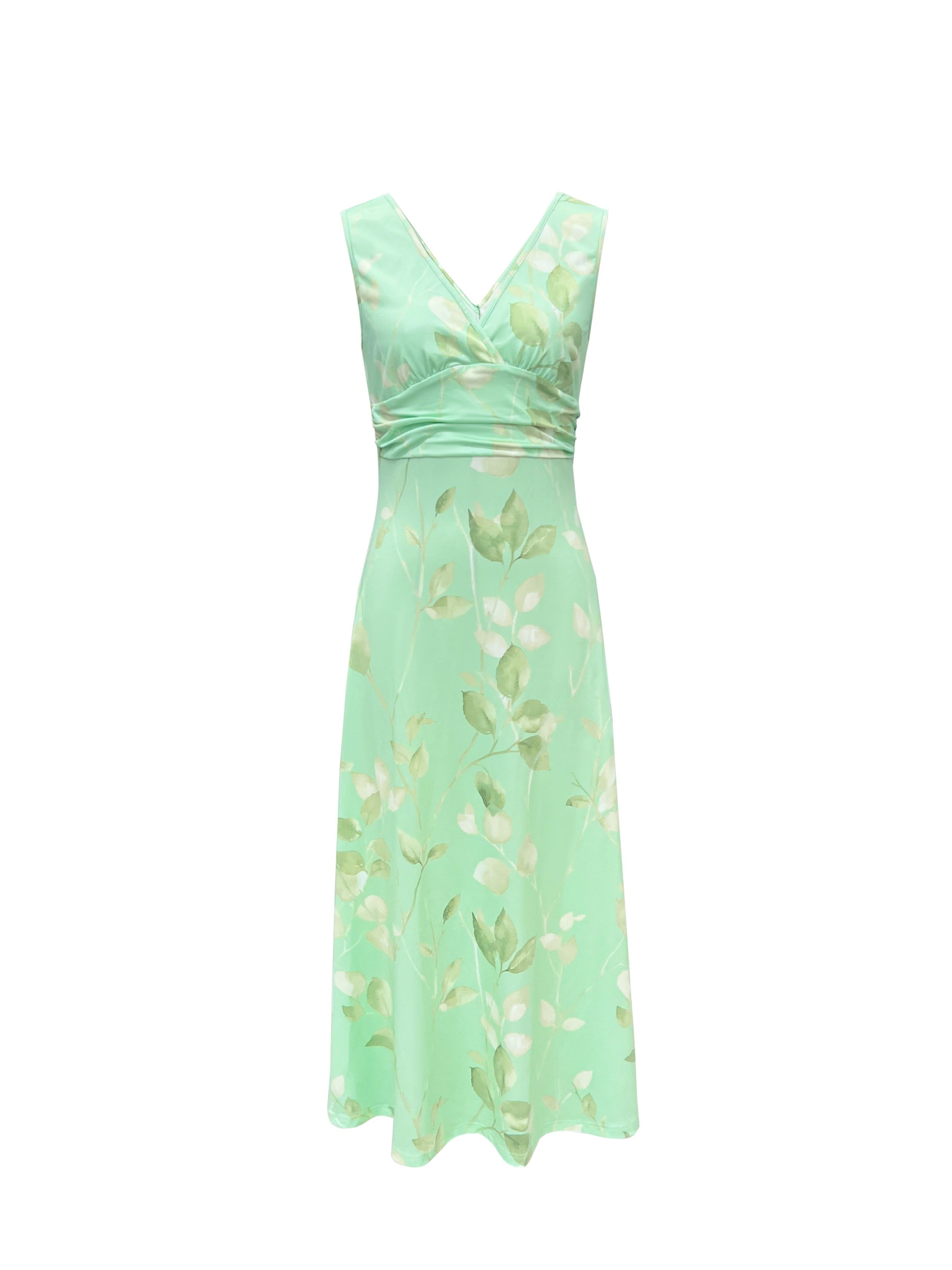 Short Sleeve Printed Floral Summer Midi Dress in Matcha, styled view