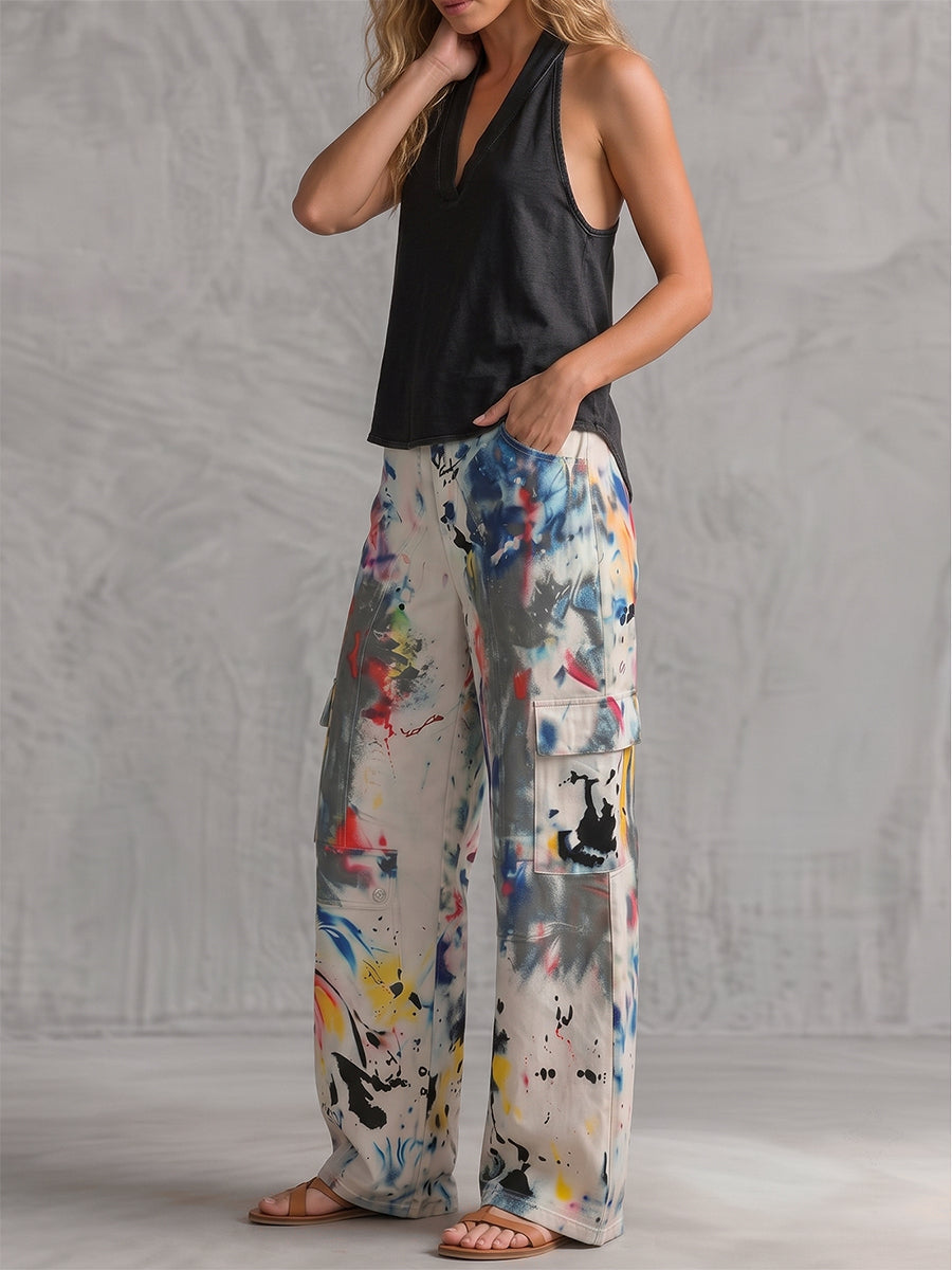 Graffiti Print Wide-Leg High-Waisted Jeans