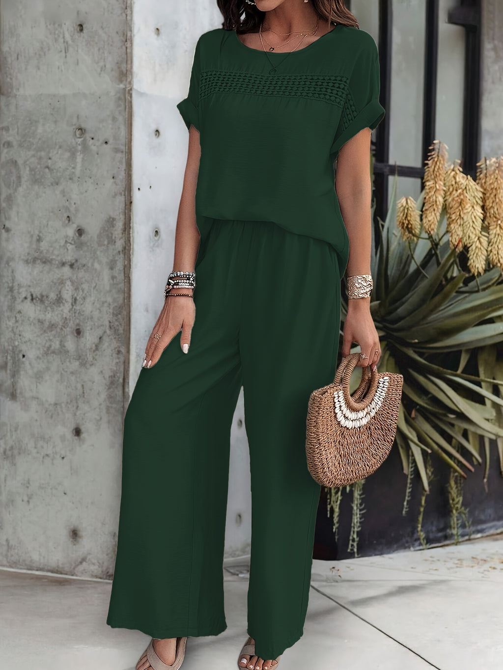 Short Sleeve Top & Wide Leg Trousers Co-ord Set in Military Blue, front view