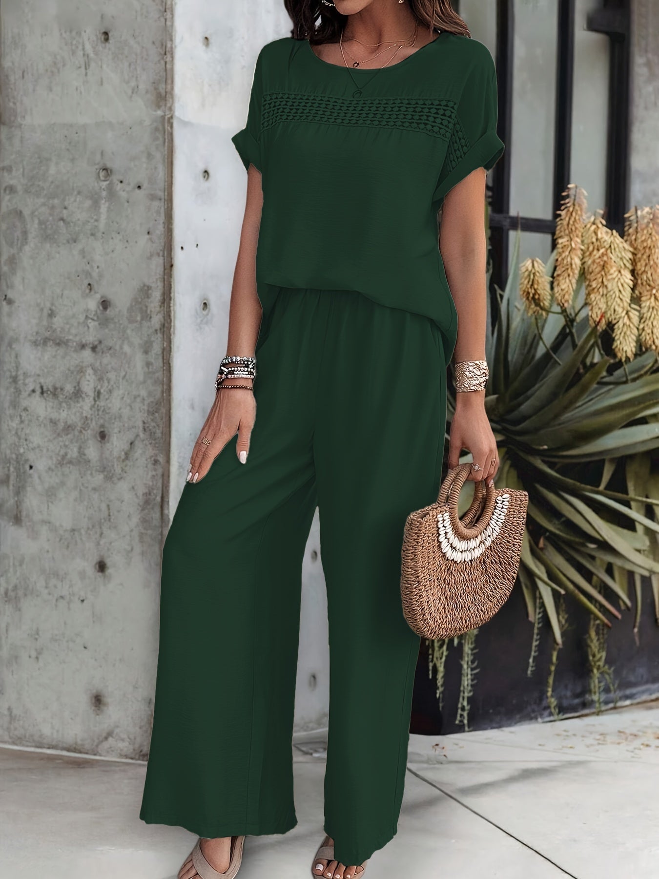 Short Sleeve Top & Wide Leg Trousers Co-ord Set in Military Blue, front view