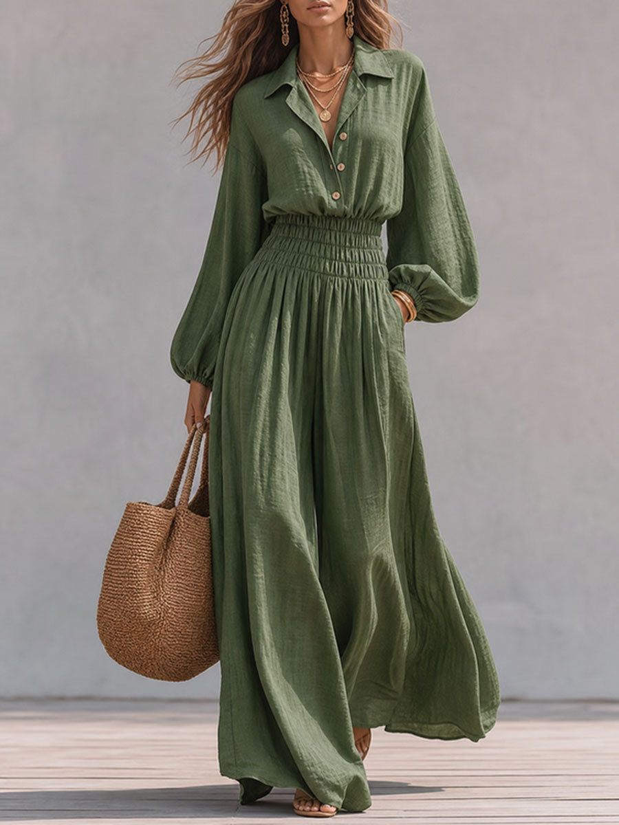 Buttoned Lapel Jumpsuit with Long Sleeves and Wide Leg